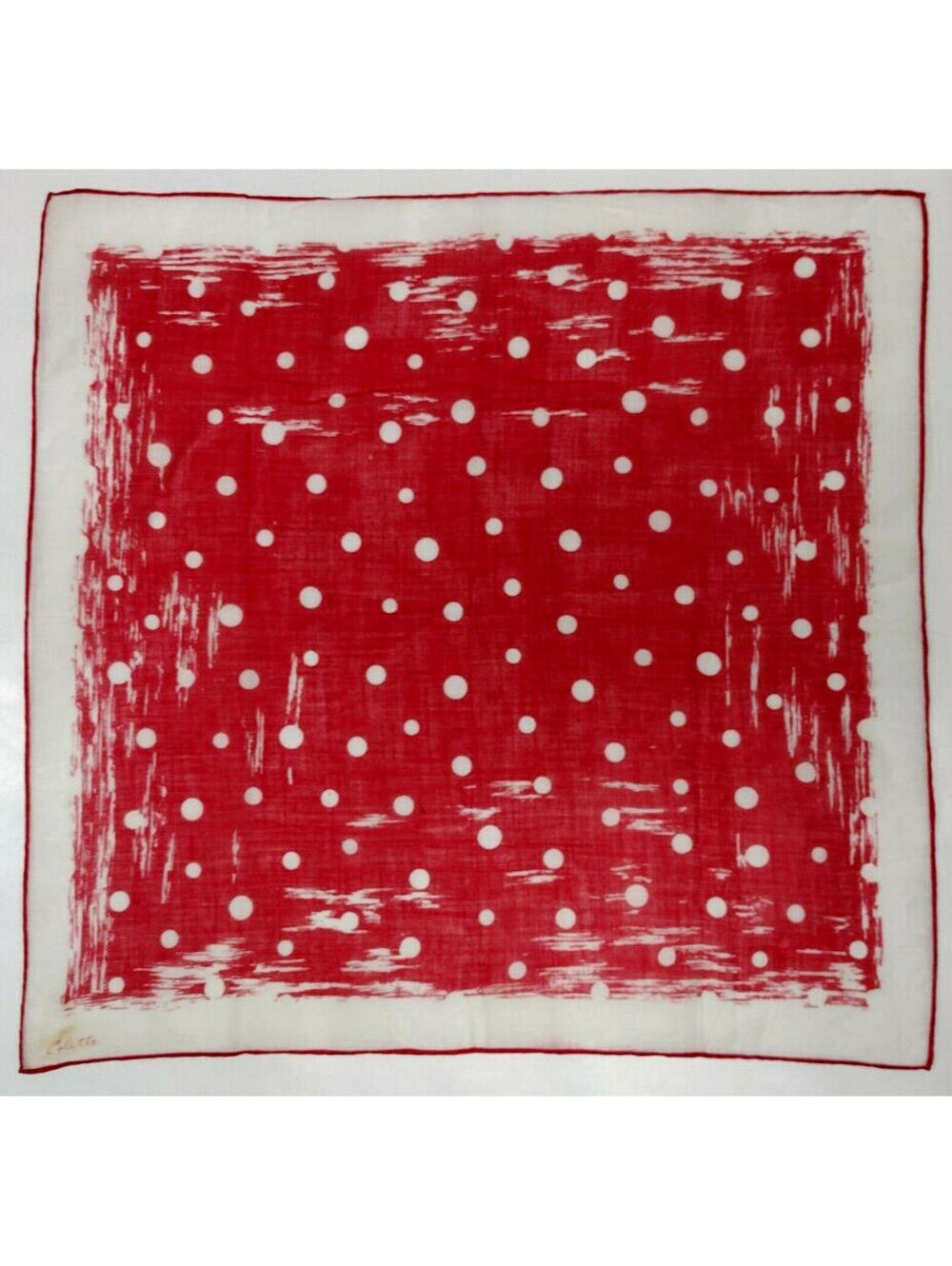 1950s COLETTE Pocket Hankie Polka Dot Red Sheer Linen Organza Cotton Hand Rolled